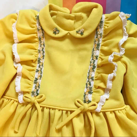 70s Ruffle Yellow Embroidered Flower Dress - Picture 2 of 4